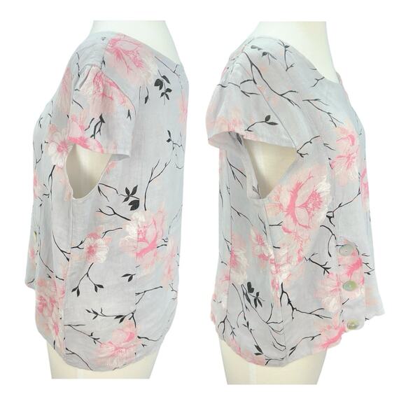 Luca Vanucci 100% Linen Top Women L 42" Bust Gray Floral Round Neck Blouse Italy - Picture 6 of 15